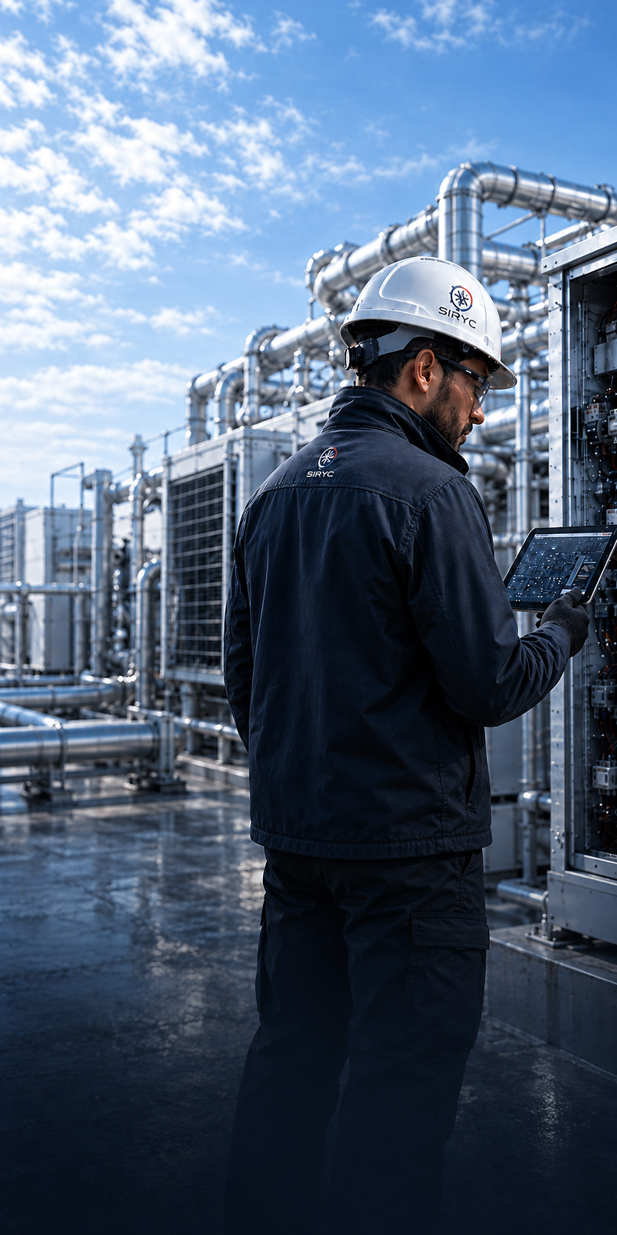 Técnico SIRYC en terreno supervisando equipos industriales